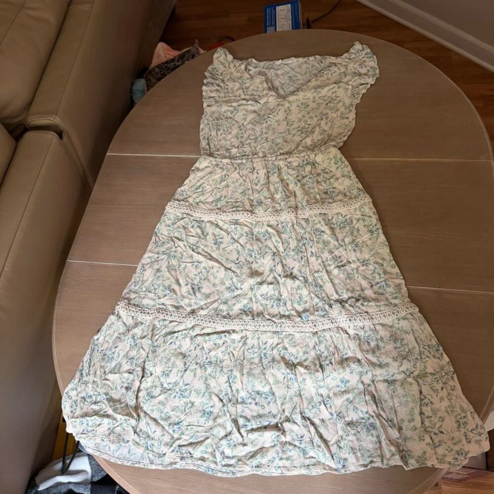 Lucky Brand Floral Maxi Dress M Blue Green Crochet Trim Boho Ruffle Sleeve